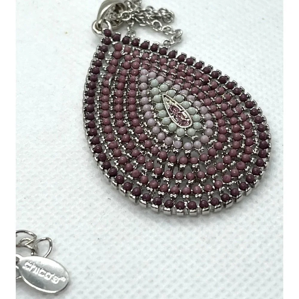 Chico's Multi Color Pinks Beaded Tear Drop Pendant Silver Tone Necklace New Boho